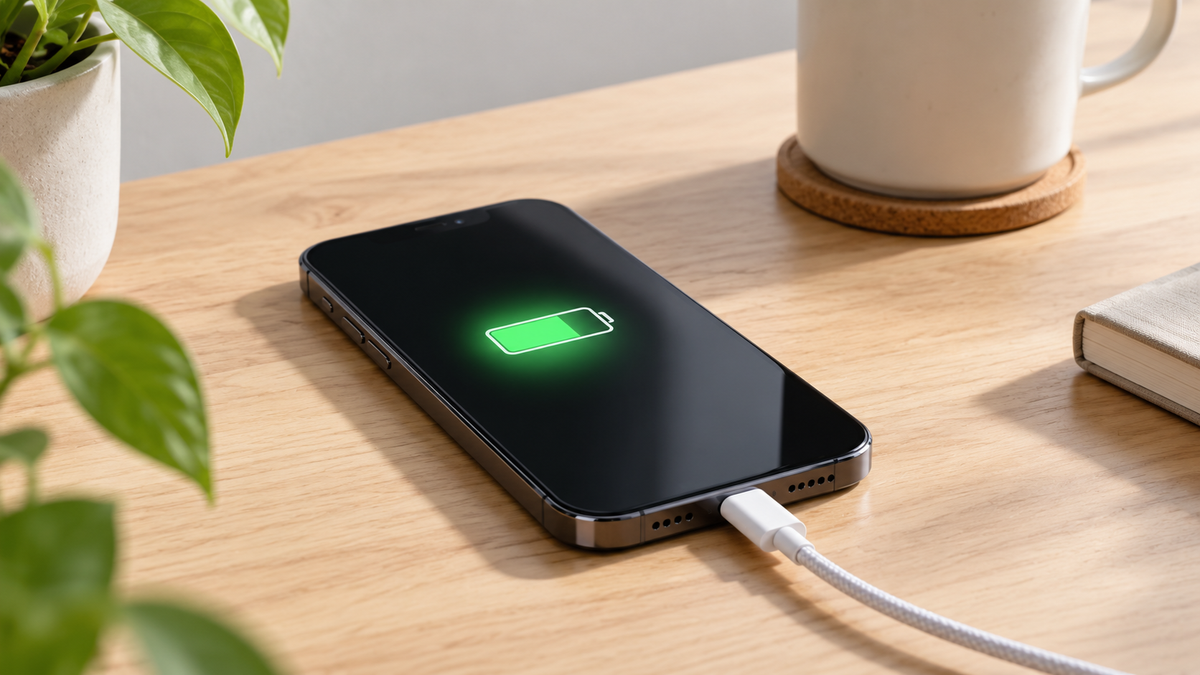 Refurbished iPhone charging on a desk with a battery icon on screen