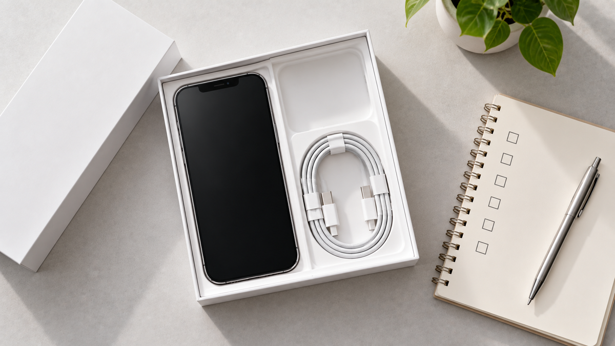 Unboxing a refurbished iPhone with cable and a checklist notebook