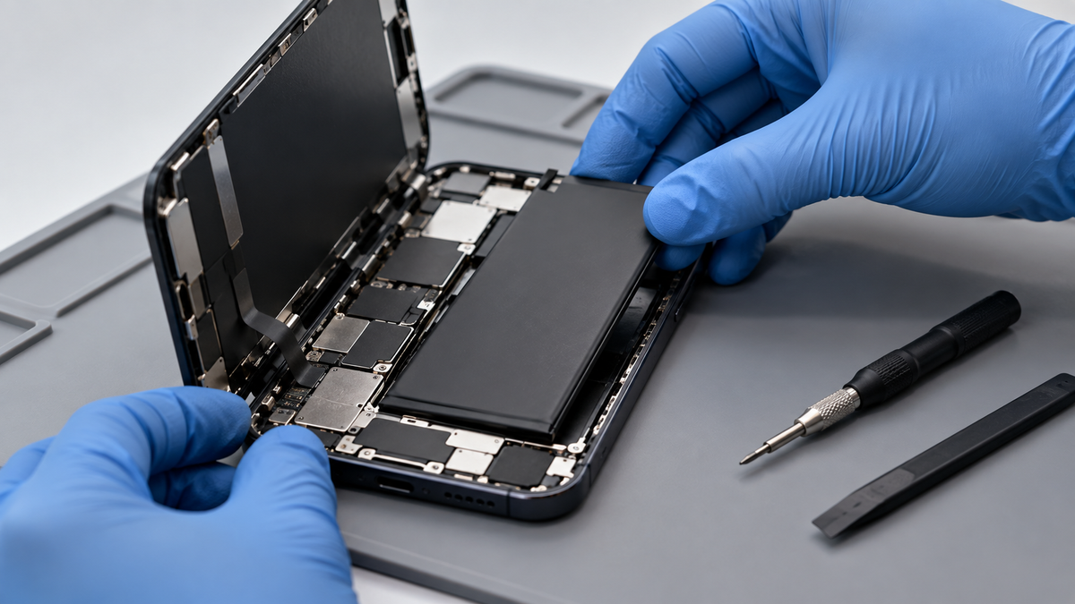 Technician replacing an iPhone battery with gloved hands