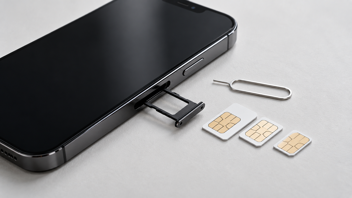 iPhone with its SIM tray ejected beside several SIM cards