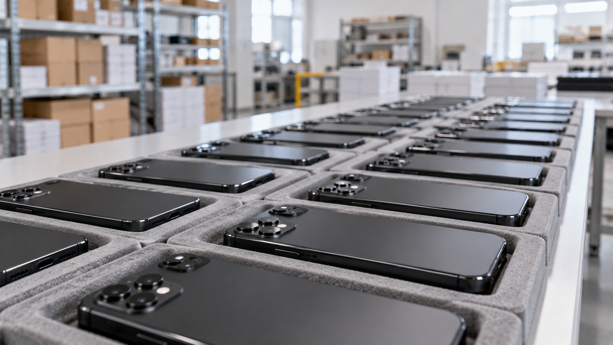 Rows of refurbished iPhones in foam trays in a bright warehouse