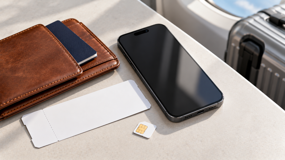 iPhone with a SIM card and travel items, illustrating eSIM and imported models