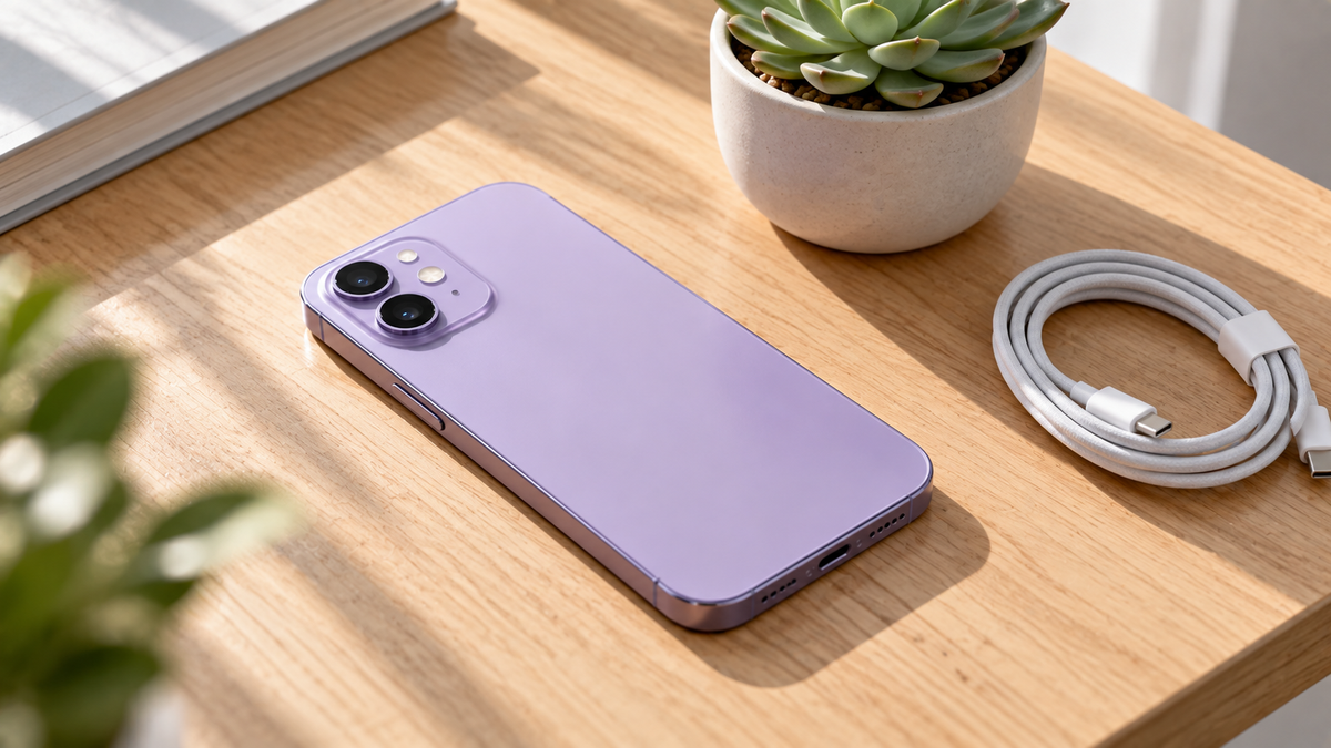 Refurbished iPhone 11 with a dual camera on a light wooden desk