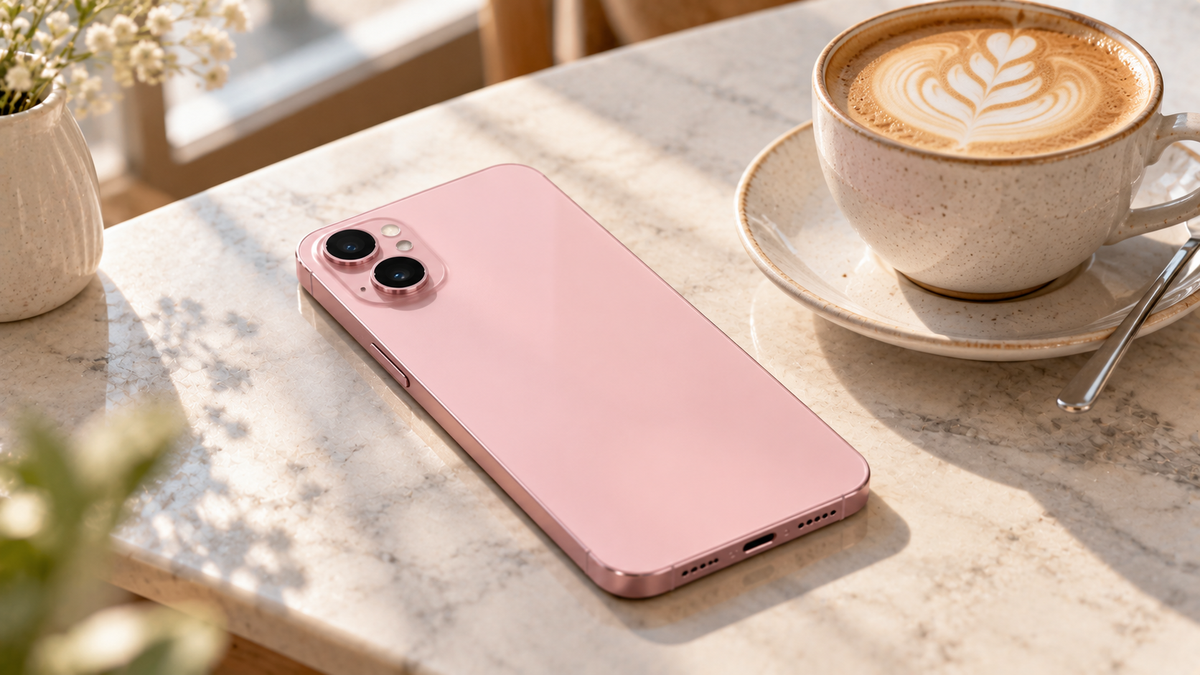 Refurbished iPhone 13 on a café table next to a cup of coffee