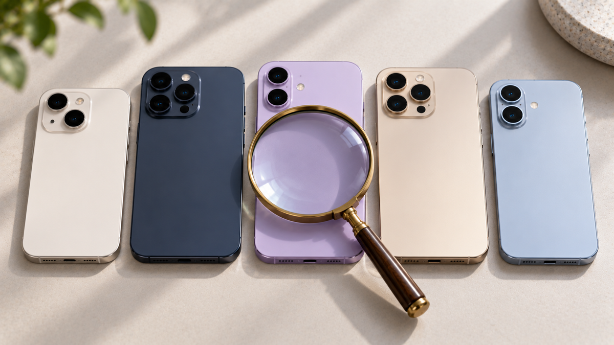 Several refurbished iPhones compared side by side with a magnifying glass