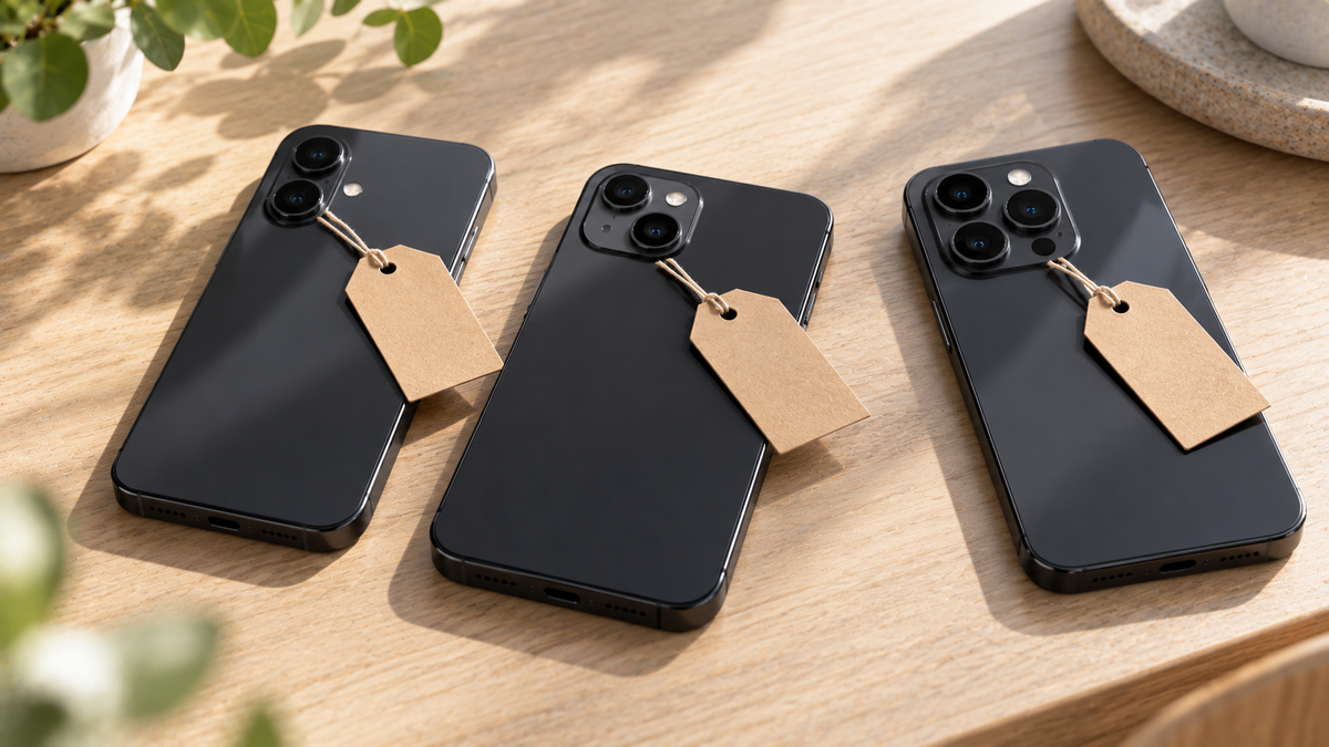 Refurbished iPhones with blank labels describing their condition