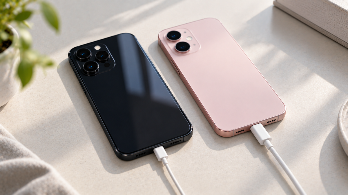 iPhone 14 and iPhone 15 side by side with their charging cables