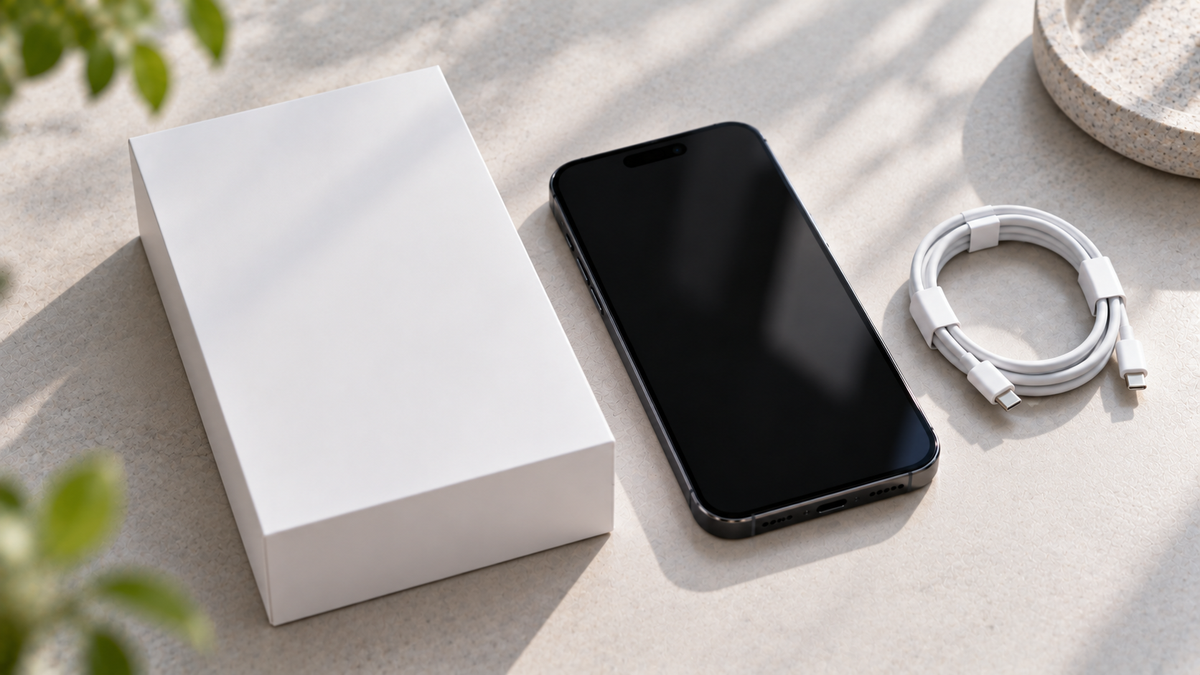 A sealed new phone box beside a refurbished iPhone