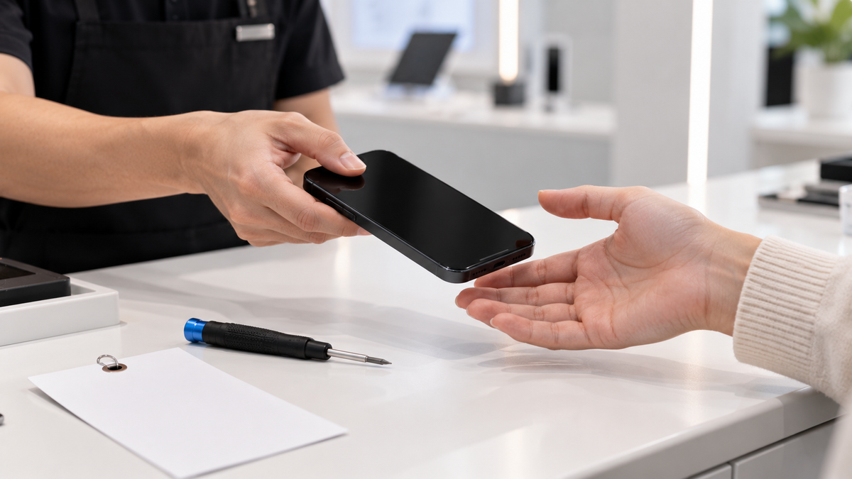 Refurbished iPhone returned to a customer at a service counter