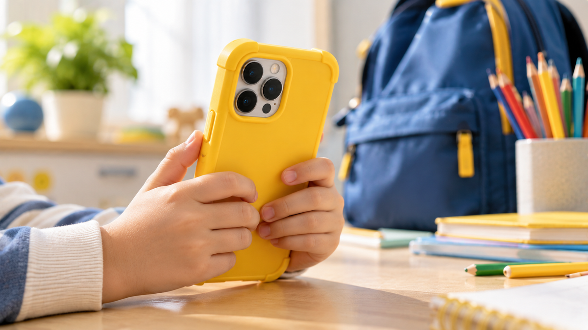 A child holding a first iPhone in a protective case