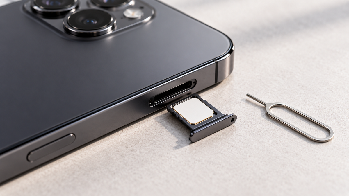 SIM tray and nano-SIM beside an iPhone