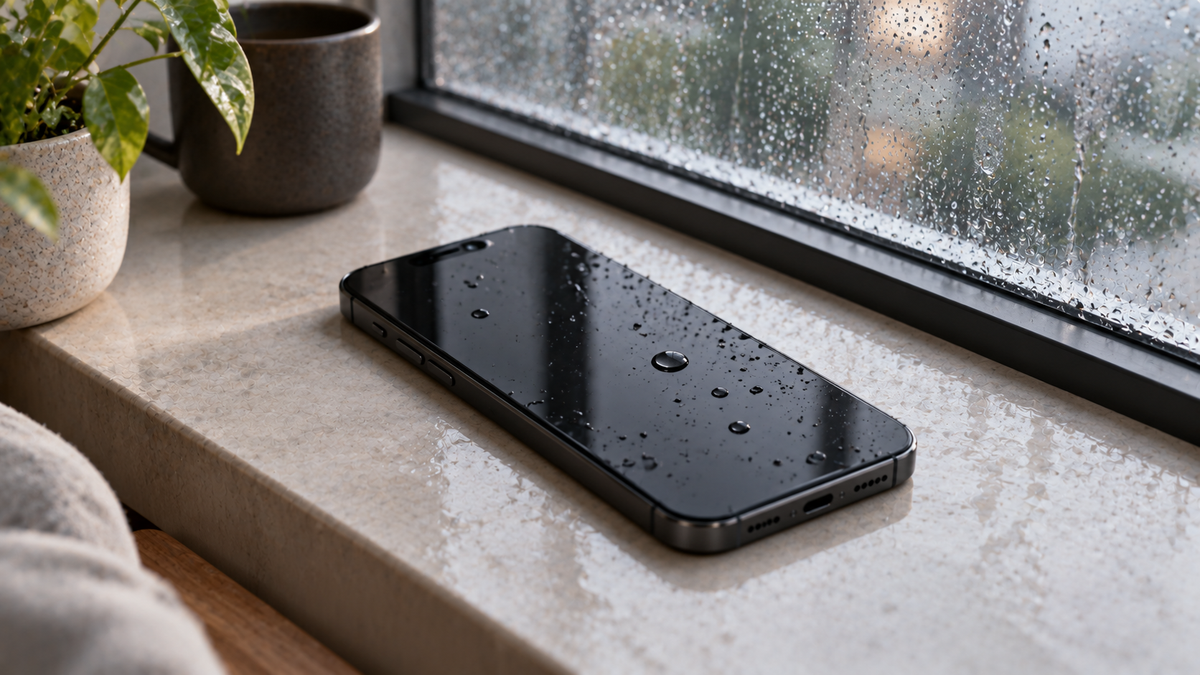Refurbished iPhone near water droplets, illustrating water resistance