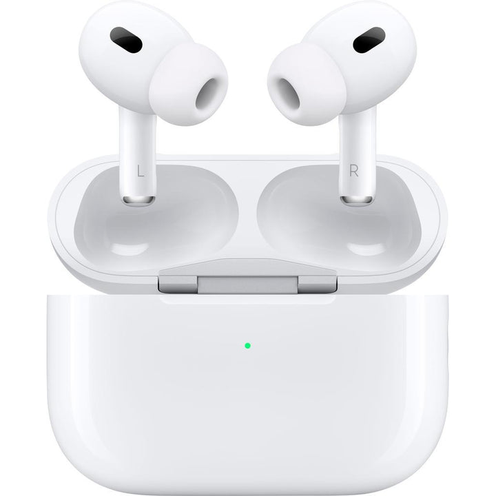 White wireless earbuds with charging case on a white background