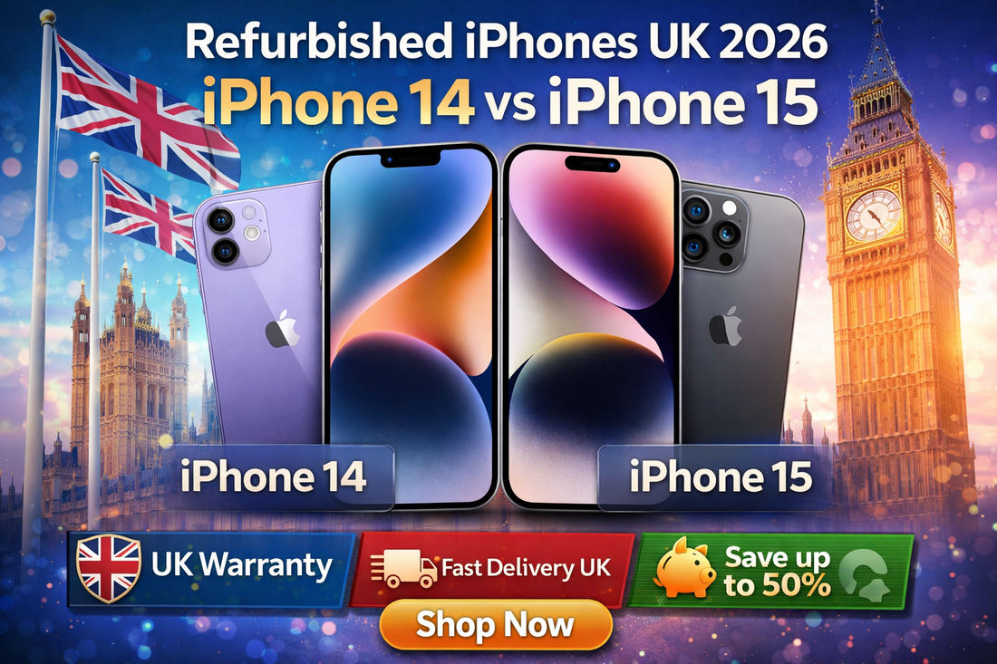 Refurbished iPhone 14 vs iPhone 15 UK 2026 comparison with London skyline, Big Ben background, UK warranty, fast delivery and savings promotion banner