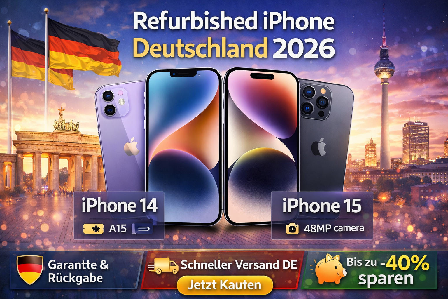 Refurbished iPhone Deutschland 2026 mit iPhone 14 und iPhone 15 vor Berliner Skyline, Brandenburg Tor und Fernsehturm, inklusive Garantie, schneller Versand und bis zu 40% sparen Banner