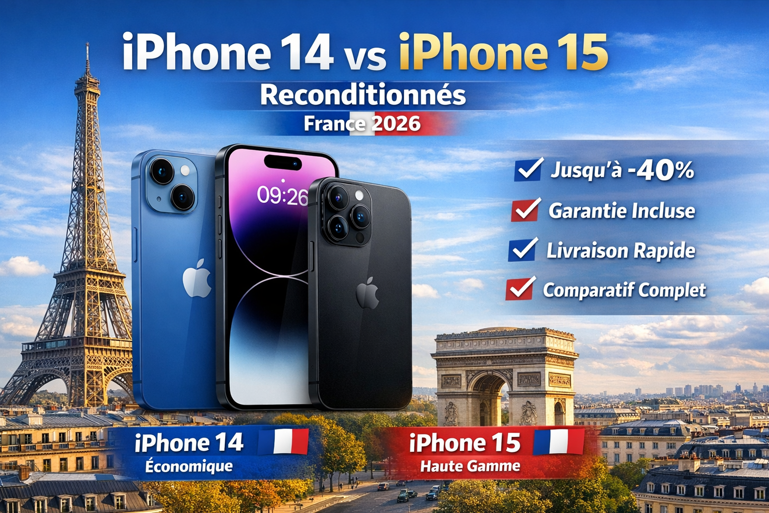 Refurbished iPhone 14 vs iPhone 15 comparison France 2026 with Eiffel Tower background affordable reconditionné smartphones France guide