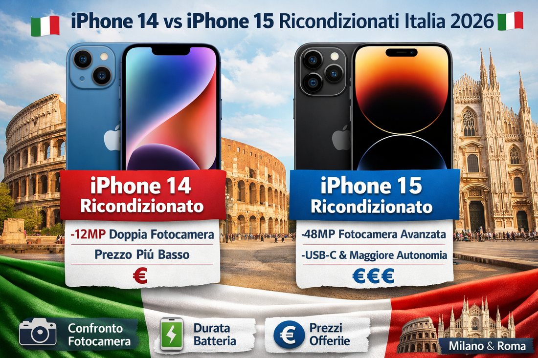 iPhone 14 vs iPhone 15 ricondizionato Italia 2026 confronto prezzi Milano Roma fotocamera batteria miglior iPhone ricondizionato Italia