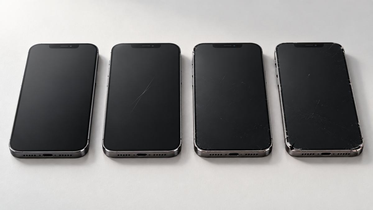 Four refurbished iPhones lined up from pristine to visibly scuffed condition