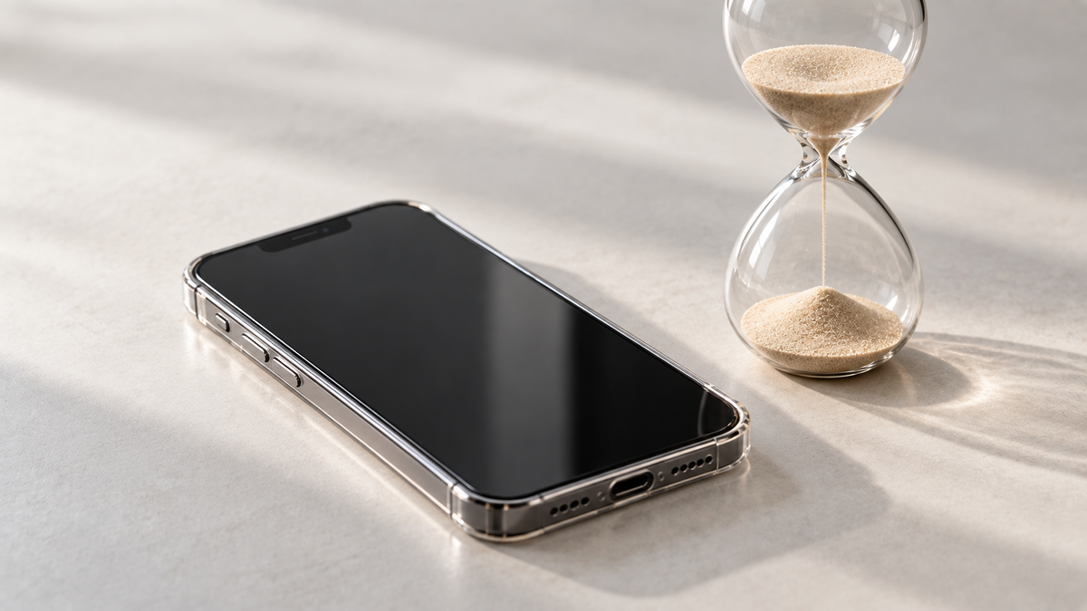 Well-kept iPhone in a slim case beside a small hourglass