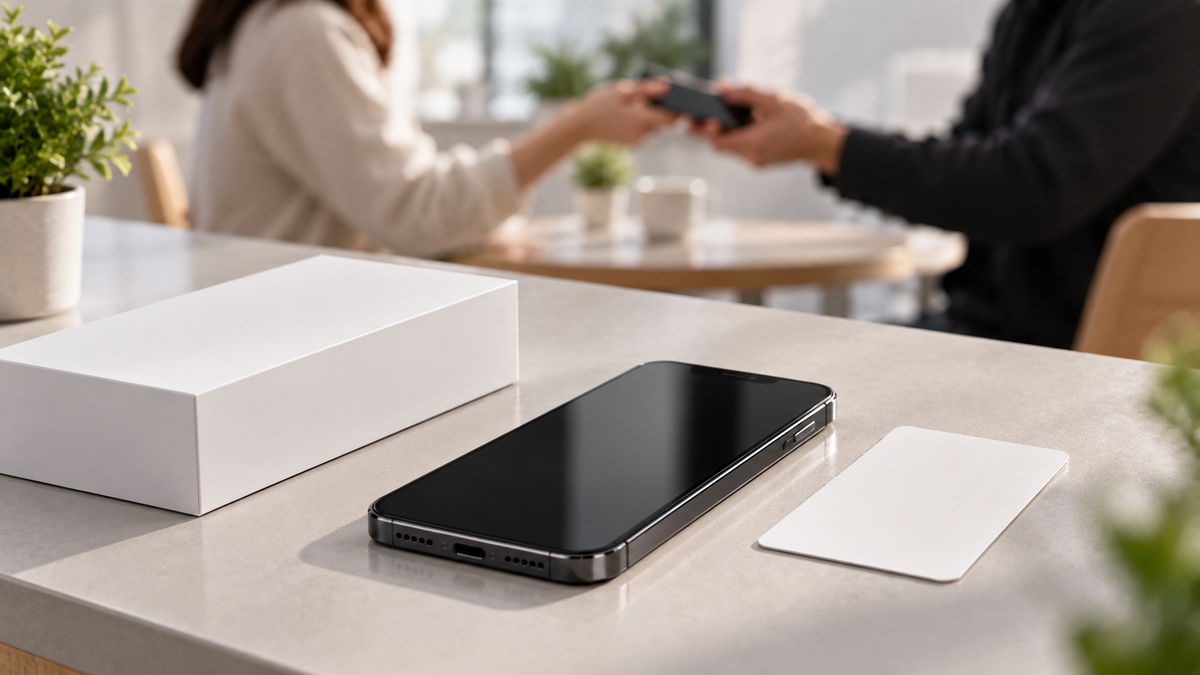 Refurbished iPhone with a warranty card on a retail counter, private hand-over in the background