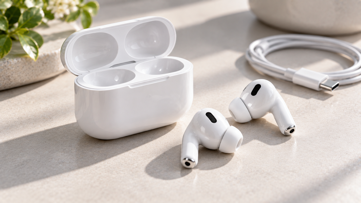 Refurbished AirPods beside their open charging case