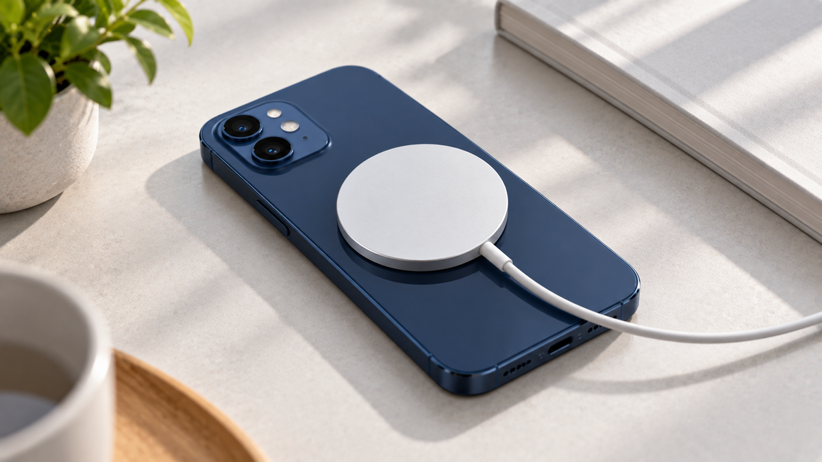 Refurbished iPhone 12 with a magnetic wireless charger attached