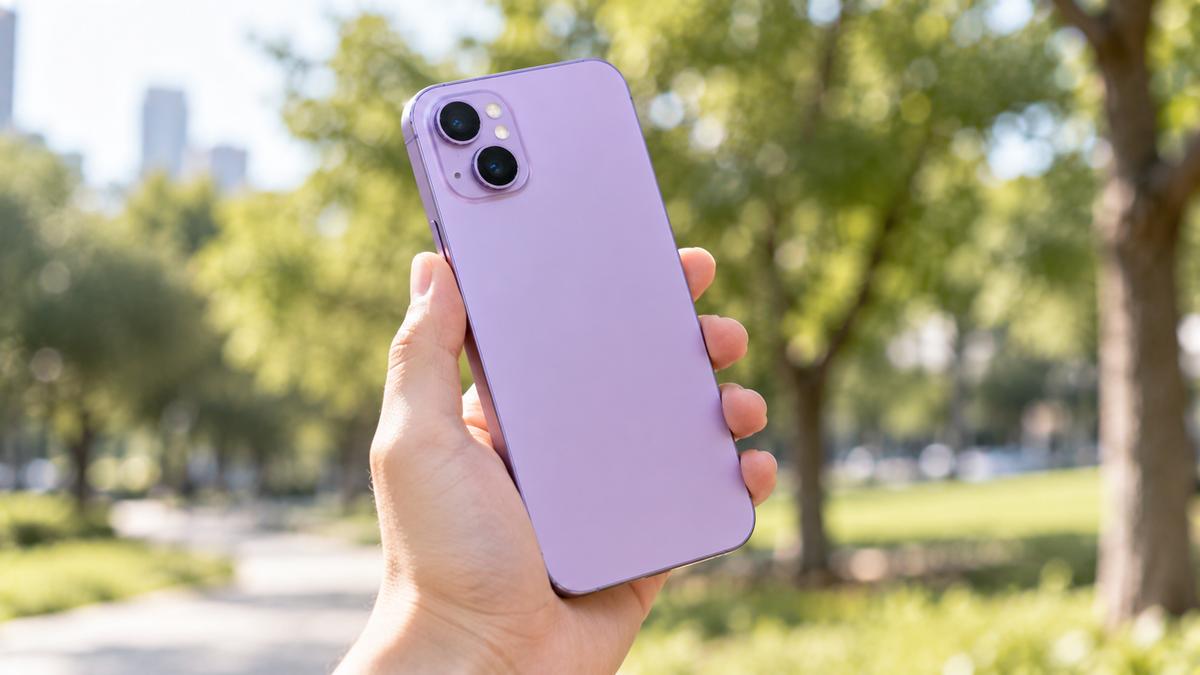 Refurbished iPhone 14 held in one hand outdoors