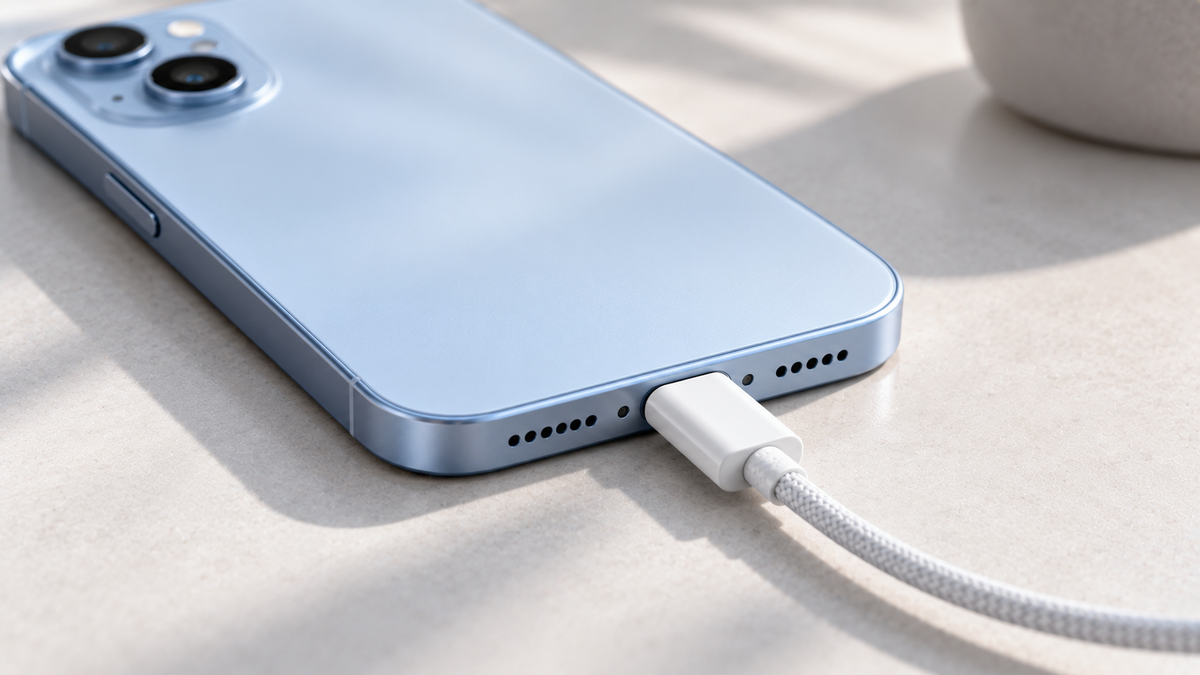 Refurbished iPhone 15 with a USB-C cable plugged in