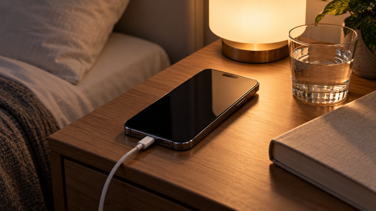 iPhone charging overnight on a bedside table