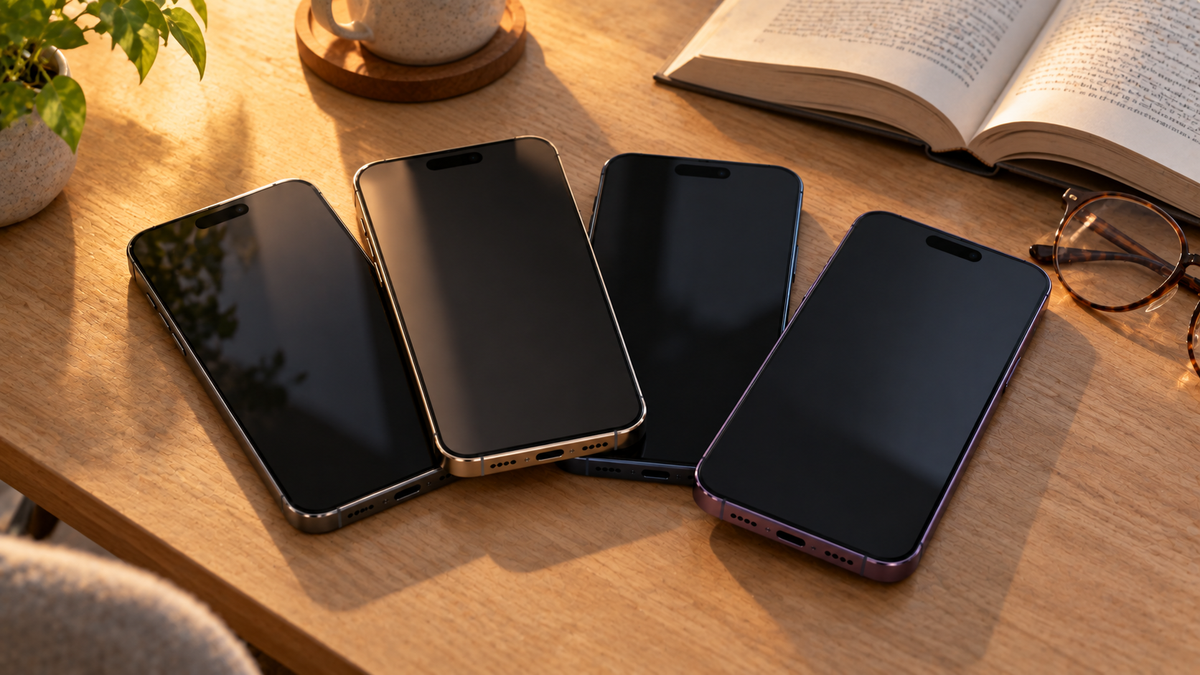 Four big-screen refurbished iPhones fanned out next to a book