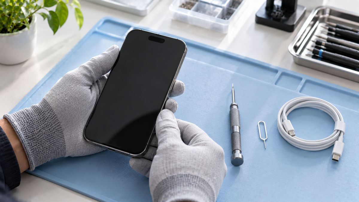 Refurbished iPhone being tested on a workshop bench
