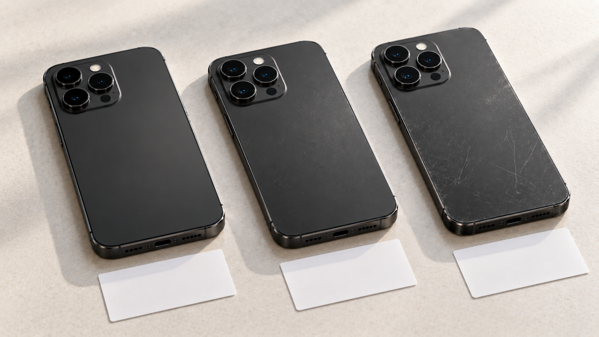 Refurbished phones in different cosmetic grades lined up