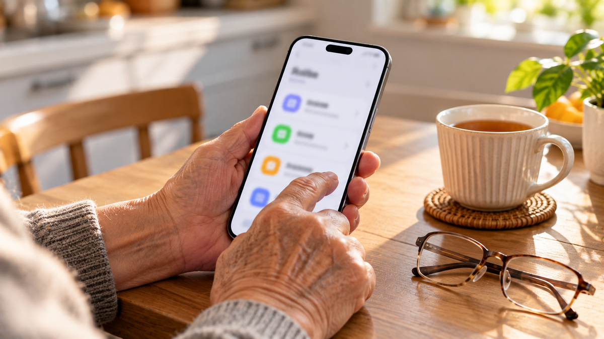 An older person holding a big-screen iPhone