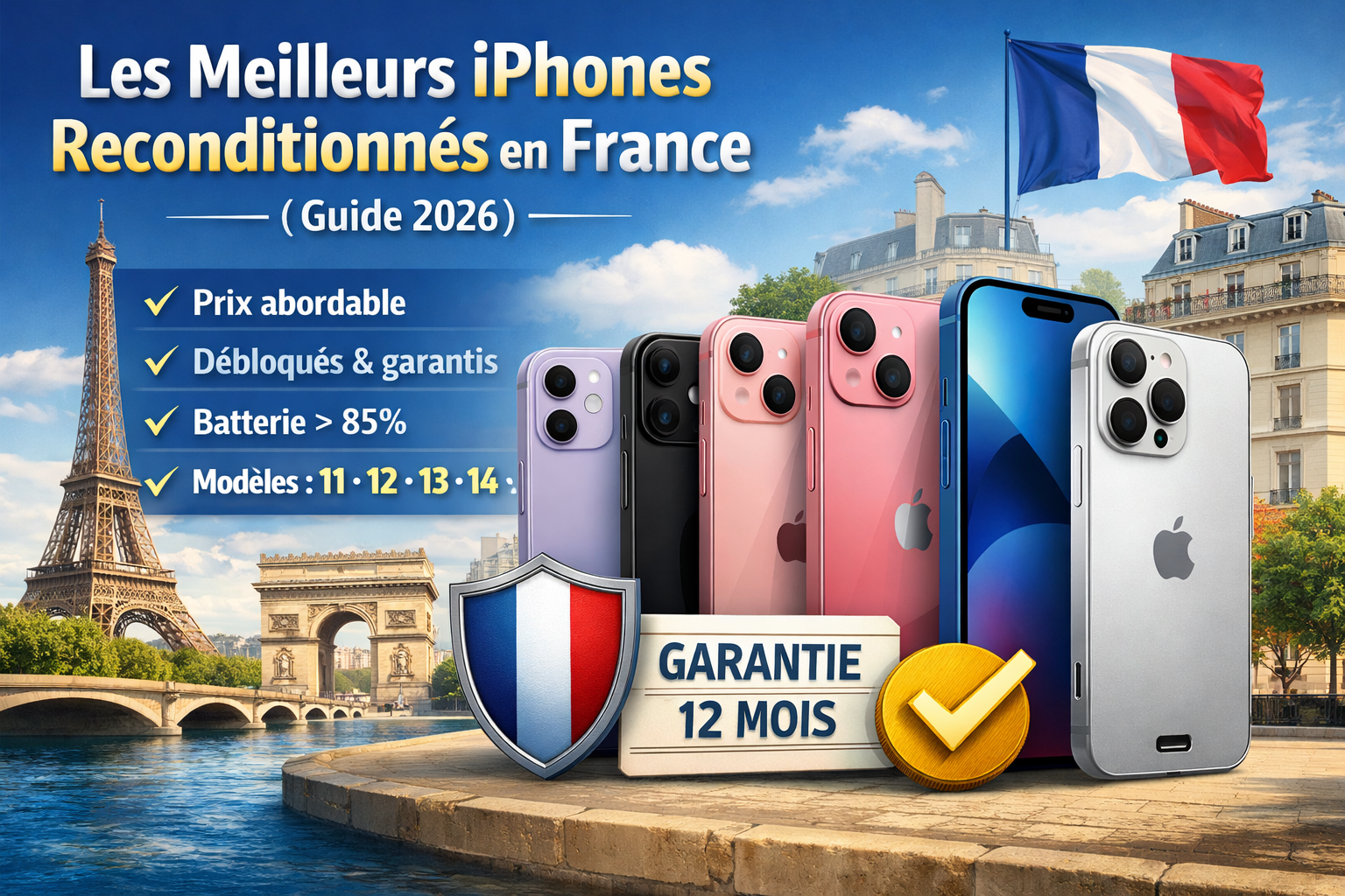 Meilleurs iPhones reconditionnés en France 2026 avec modèles iPhone 11 12 13 14 15, smartphones Apple débloqués avec garantie et batterie testée