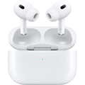 White wireless earbuds with charging case on a white background