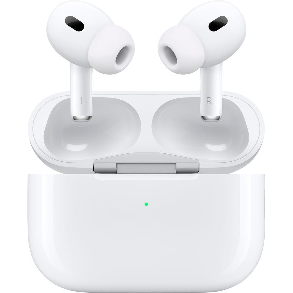White wireless earbuds with charging case on a white background