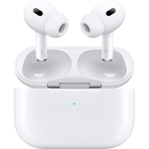 White wireless earbuds with charging case on a white background